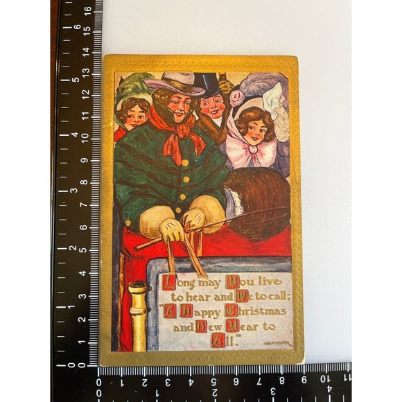 Antique Ephemera Edwardian Era Postcard Christmas Carolers Embossed Unused NOS - Picture 3 of 6